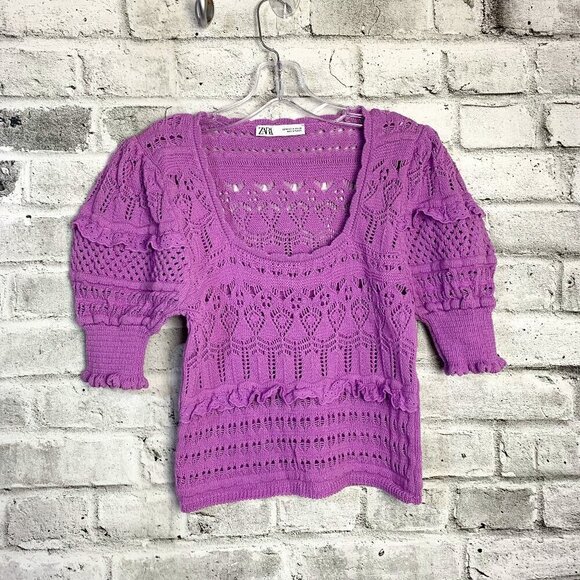 Zara Tops - Zara Pointelle Knit Crochet Puff Sleeve Scoop Neck Lavender Cropped Sweater